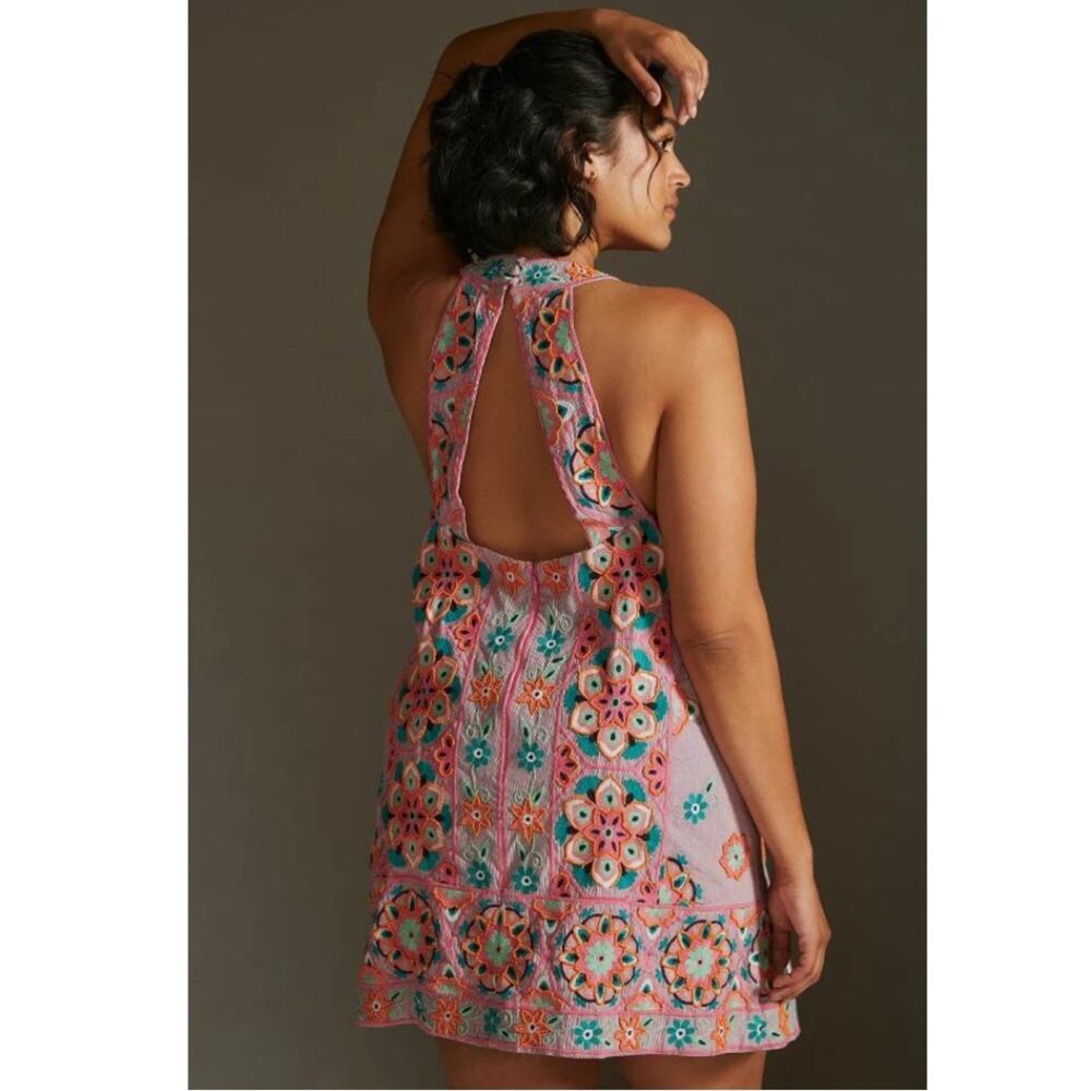Anthropologie Floral Embroidered Mini Dress - Pink and Orange - Picture 2 of 13